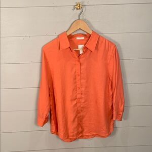 Coral pink/orange linen Button-Up Shirt 3/4 sleeves Chicos size 1 8/10